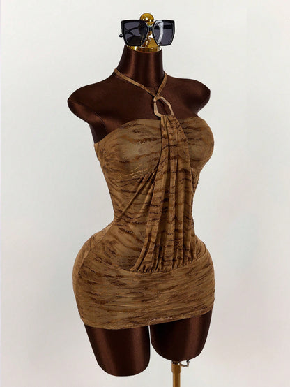 Amplova Summer Vintage Wild Street Show Tiger Print Halter Bodycon Mini Dress For Women,Club Party Night Out Outfits Women Sexy,Boho Clothes Women Brown