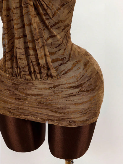 Amplova Summer Vintage Wild Street Show Tiger Print Halter Bodycon Mini Dress For Women,Club Party Night Out Outfits Women Sexy,Boho Clothes Women Brown
