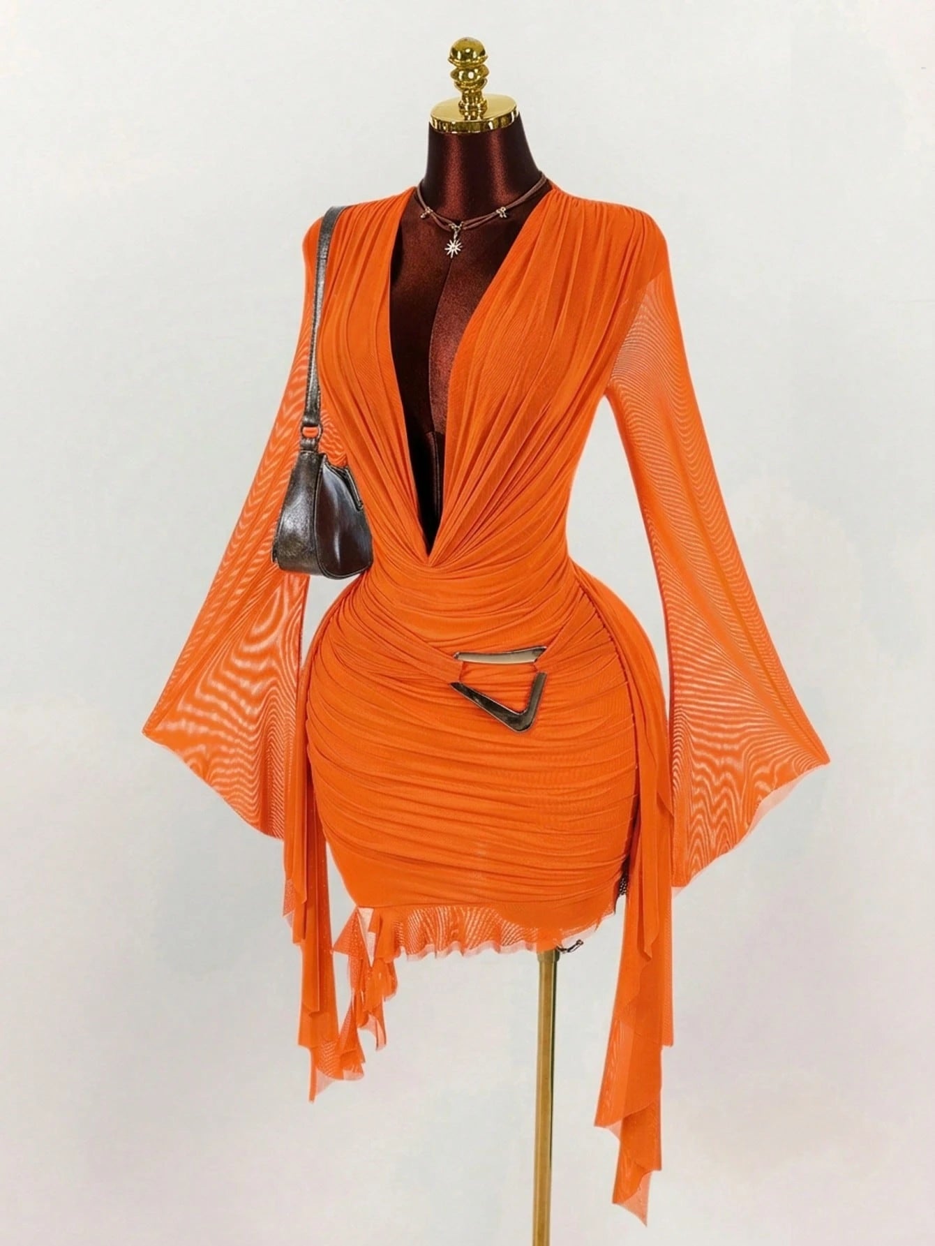 Amplova Women's 70s Orange Red Mesh Mini Dress,Long Sleeve Fitted Ruffle Design Halter Neck,Summer Night Out Party,Christmas Halloween New Year Valentine's