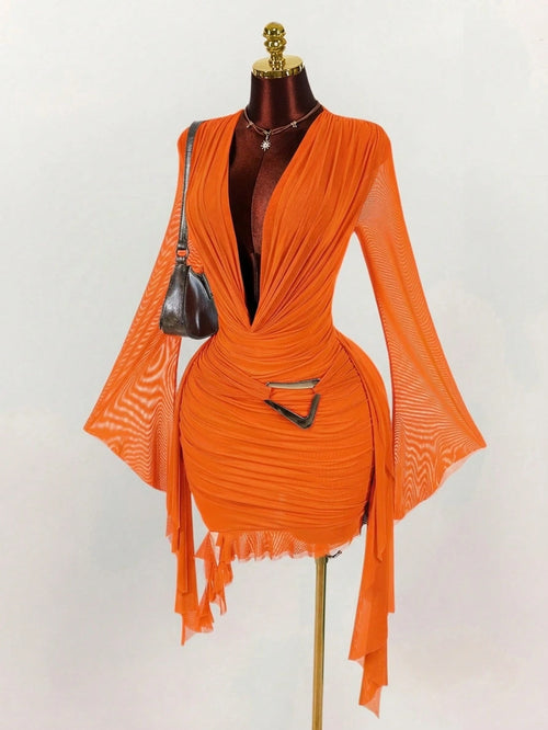 Amplova Women's 70s Orange Red Mesh Mini Dress,Long Sleeve Fitted Ruffle Design Halter Neck,Summer Night Out Party,Christmas Halloween New Year Valentine's
