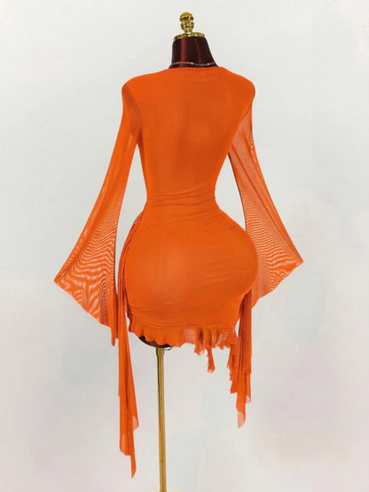 Amplova Women's 70s Orange Red Mesh Mini Dress,Long Sleeve Fitted Ruffle Design Halter Neck,Summer Night Out Party,Christmas Halloween New Year Valentine's