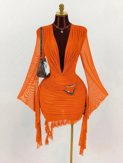 Amplova Women's 70s Orange Red Mesh Mini Dress,Long Sleeve Fitted Ruffle Design Halter Neck,Summer Night Out Party,Christmas Halloween New Year Valentine's