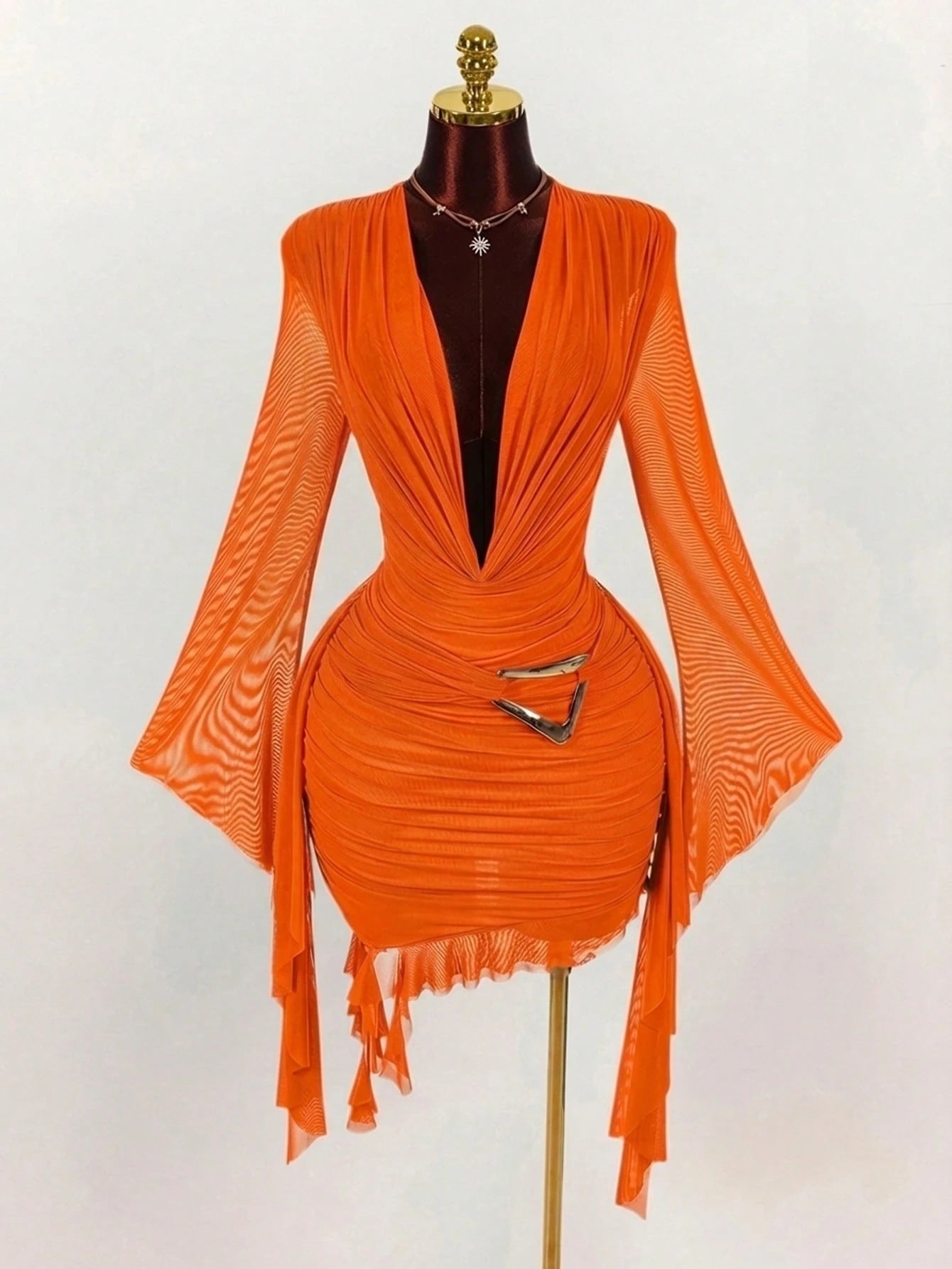 Amplova Women's 70s Orange Red Mesh Mini Dress,Long Sleeve Fitted Ruffle Design Halter Neck,Summer Night Out Party,Christmas Halloween New Year Valentine's