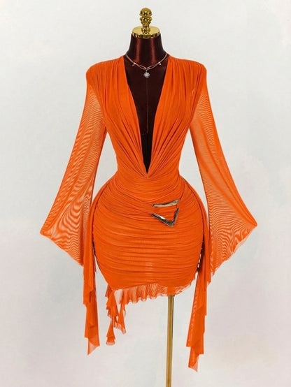Amplova Women's 70s Orange Red Mesh Mini Dress,Long Sleeve Fitted Ruffle Design Halter Neck,Summer Night Out Party,Christmas Halloween New Year Valentine's
