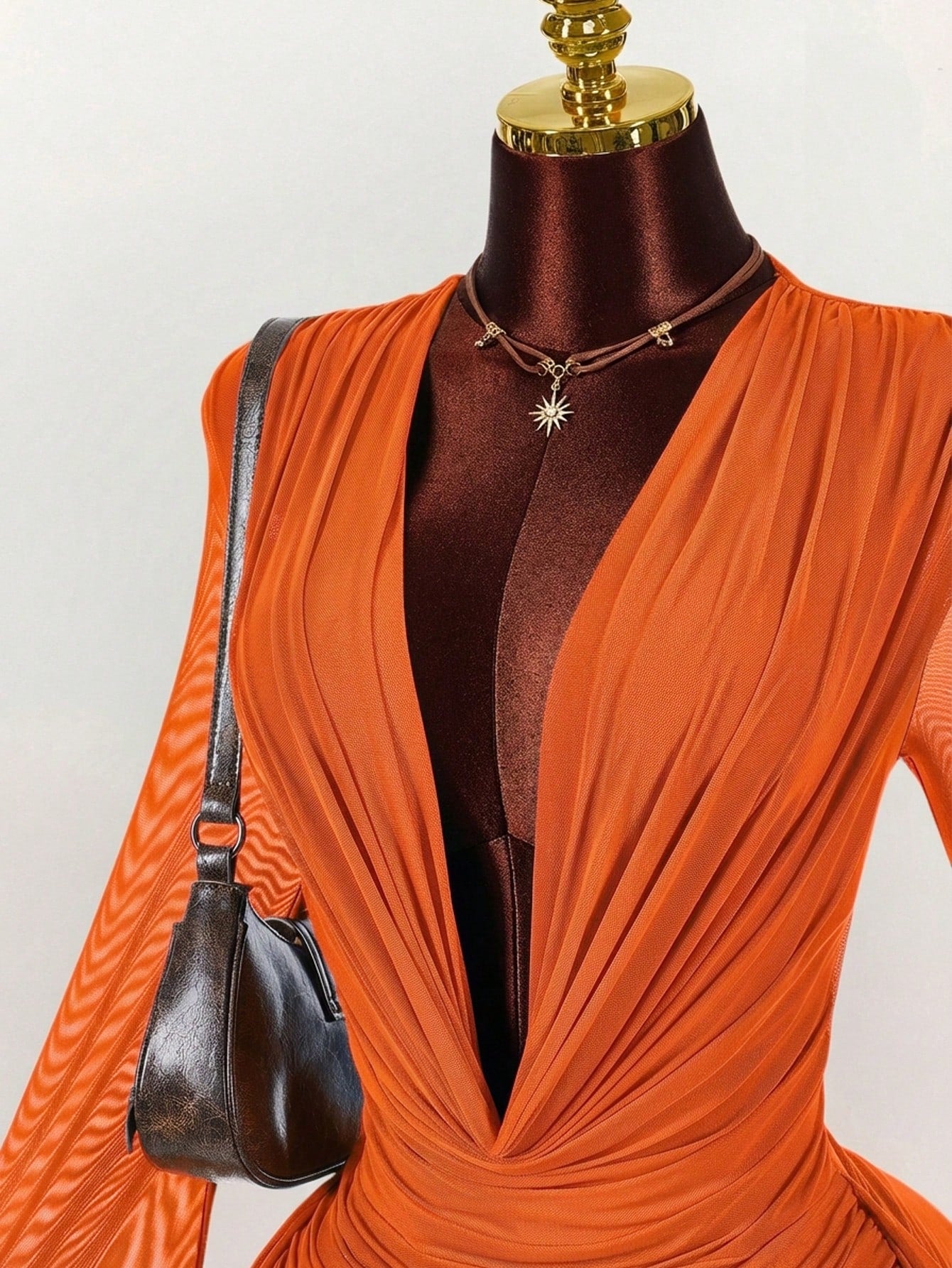 Amplova Women's 70s Orange Red Mesh Mini Dress,Long Sleeve Fitted Ruffle Design Halter Neck,Summer Night Out Party,Christmas Halloween New Year Valentine's