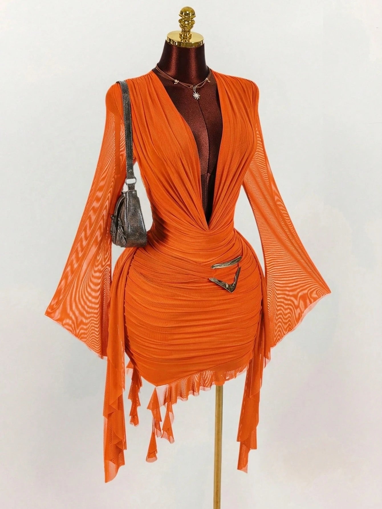 Amplova Women's 70s Orange Red Mesh Mini Dress,Long Sleeve Fitted Ruffle Design Halter Neck,Summer Night Out Party,Christmas Halloween New Year Valentine's