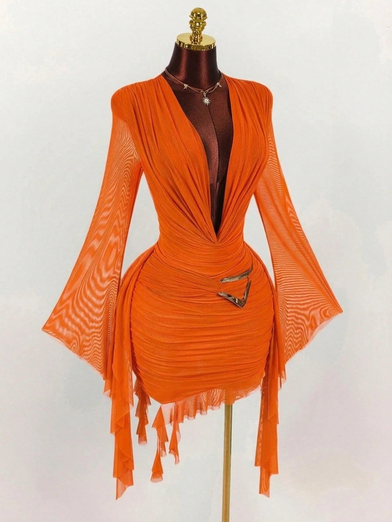 Amplova Women's 70s Orange Red Mesh Mini Dress,Long Sleeve Fitted Ruffle Design Halter Neck,Summer Night Out Party,Christmas Halloween New Year Valentine's