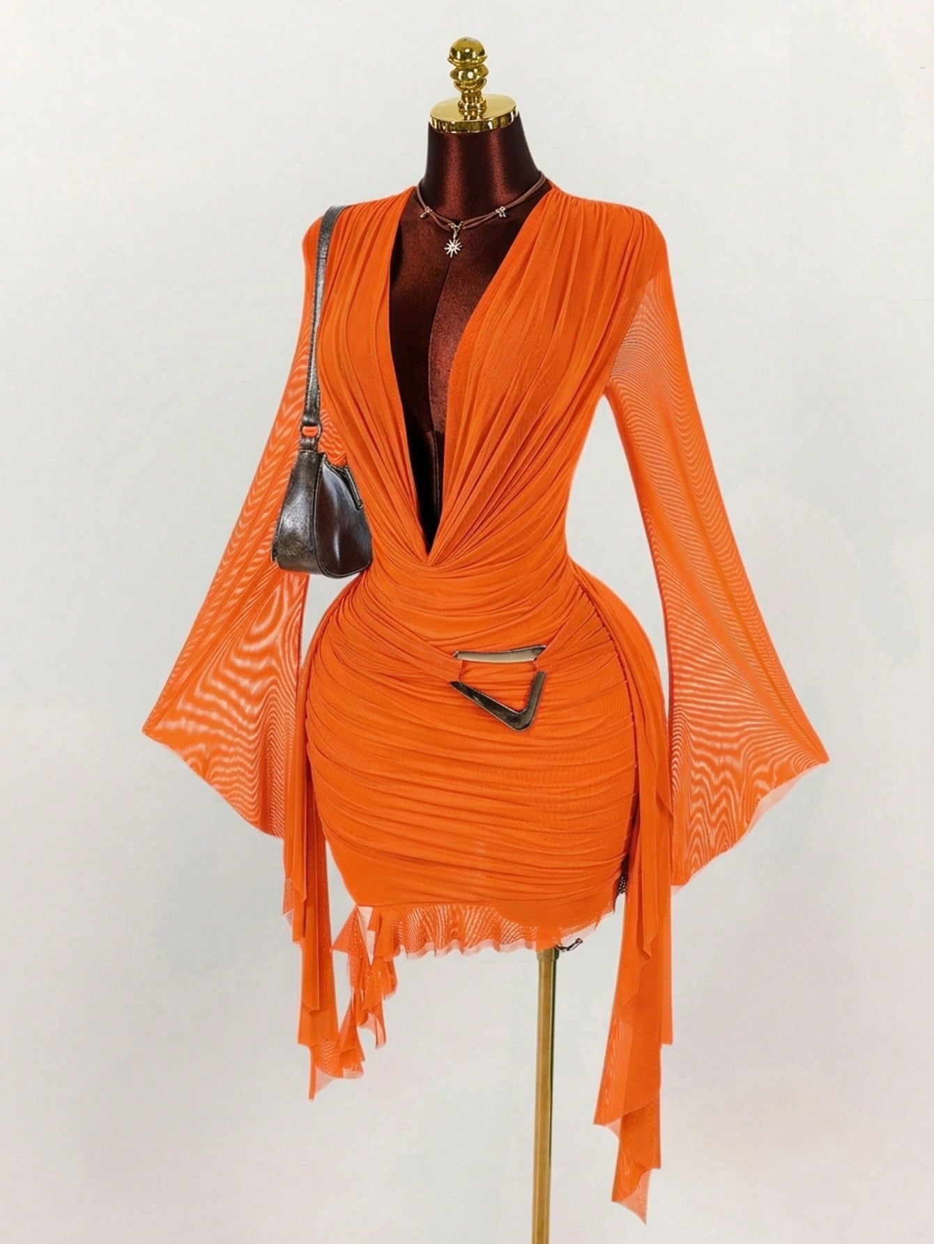 Amplova Women's 70s Orange Red Mesh Mini Dress,Long Sleeve Fitted Ruffle Design Halter Neck,Summer Night Out Party,Christmas Halloween New Year Valentine's