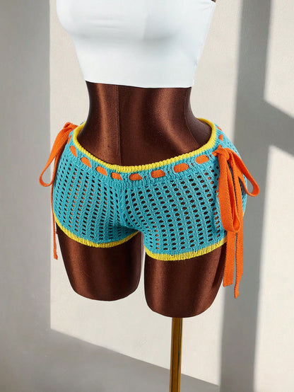 Amplova Women's Burnt Orange Summer Boho Holiday Vacation Crochet Shorts,Contrast Trim Tie Waist Hollow Out Knitted Bikini Swimsuit Bottom For Festival Party