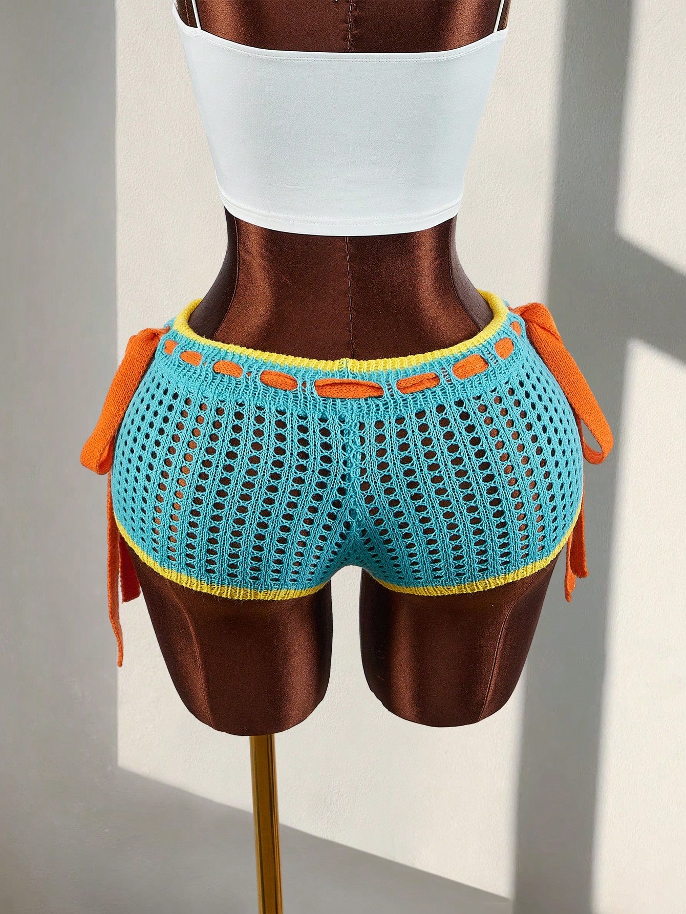 Amplova Women's Burnt Orange Summer Boho Holiday Vacation Crochet Shorts,Contrast Trim Tie Waist Hollow Out Knitted Bikini Swimsuit Bottom For Festival Party