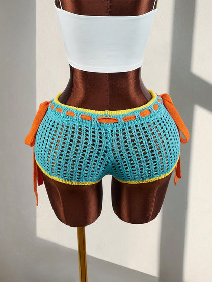 Amplova Women's Burnt Orange Summer Boho Holiday Vacation Crochet Shorts,Contrast Trim Tie Waist Hollow Out Knitted Bikini Swimsuit Bottom For Festival Party