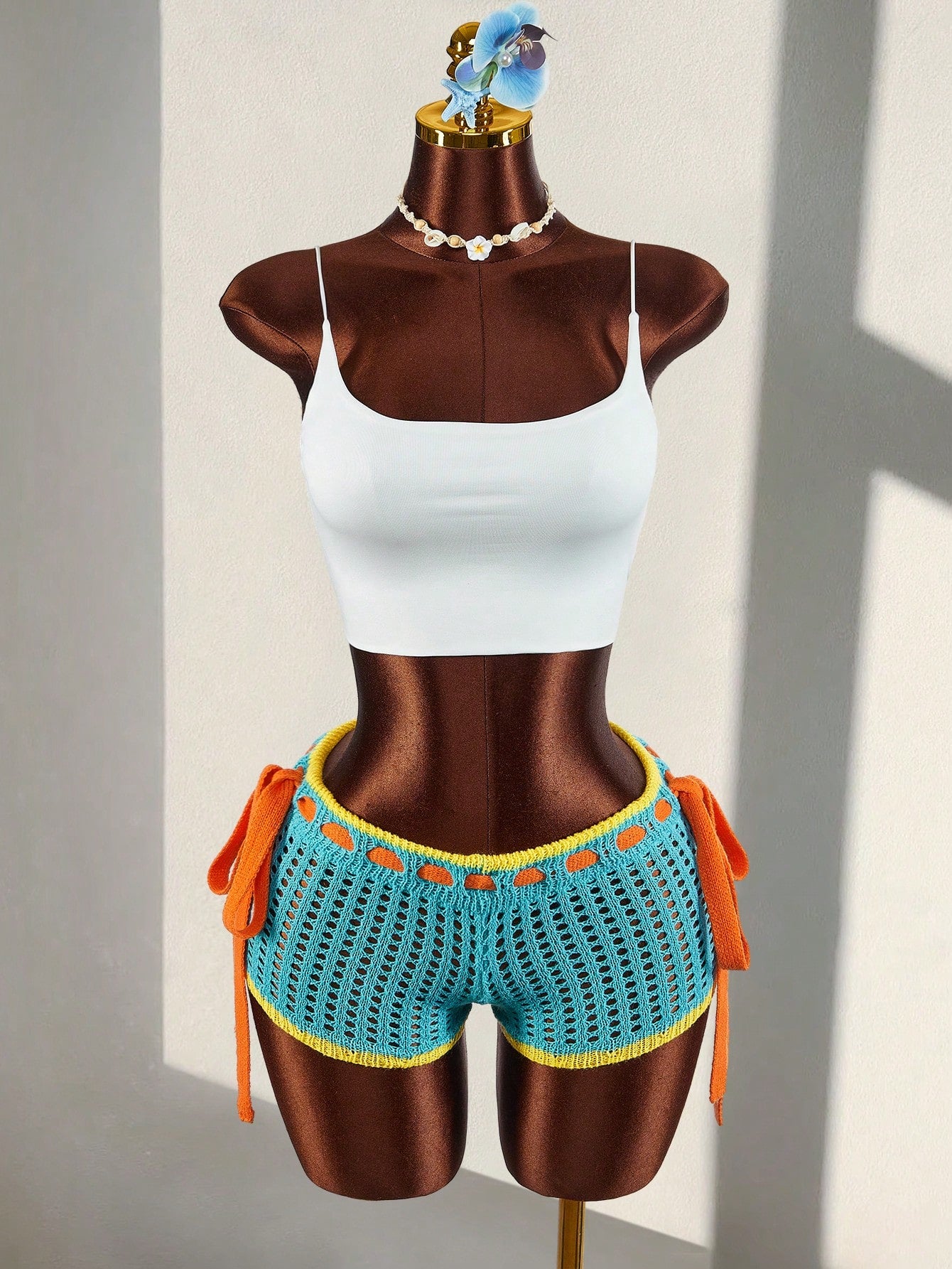 Amplova Women's Burnt Orange Summer Boho Holiday Vacation Crochet Shorts,Contrast Trim Tie Waist Hollow Out Knitted Bikini Swimsuit Bottom For Festival Party