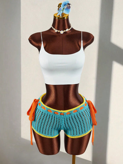 Amplova Women's Burnt Orange Summer Boho Holiday Vacation Crochet Shorts,Contrast Trim Tie Waist Hollow Out Knitted Bikini Swimsuit Bottom For Festival Party