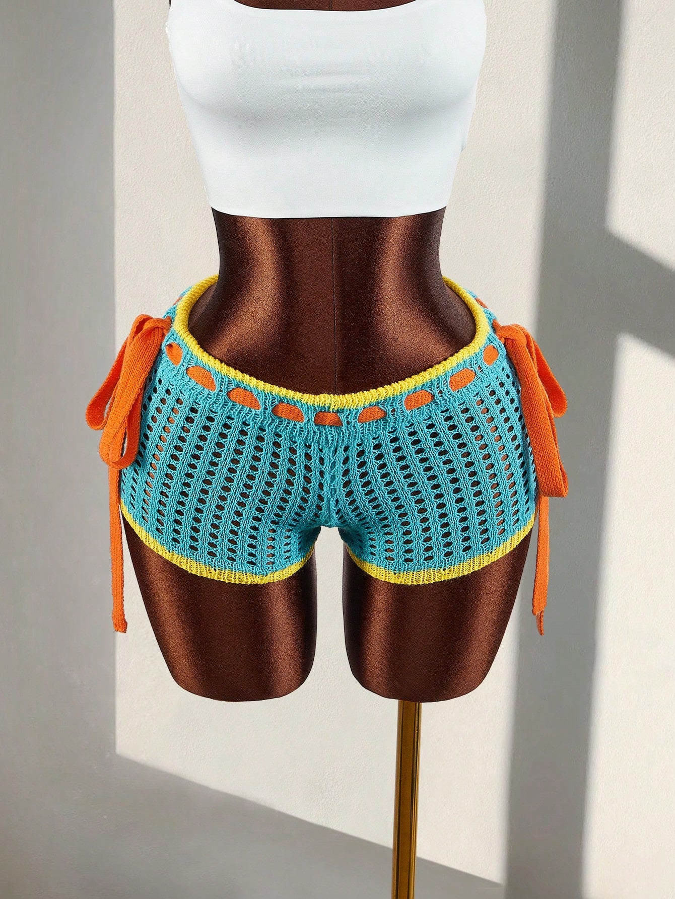 Amplova Women's Burnt Orange Summer Boho Holiday Vacation Crochet Shorts,Contrast Trim Tie Waist Hollow Out Knitted Bikini Swimsuit Bottom For Festival Party