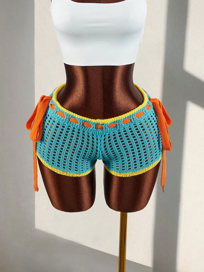 Amplova Women's Burnt Orange Summer Boho Holiday Vacation Crochet Shorts,Contrast Trim Tie Waist Hollow Out Knitted Bikini Swimsuit Bottom For Festival Party
