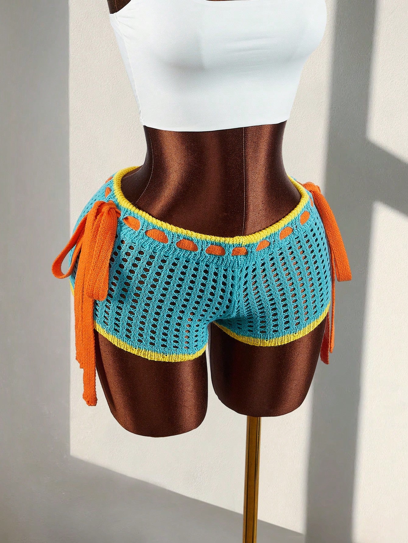 Amplova Women's Burnt Orange Summer Boho Holiday Vacation Crochet Shorts,Contrast Trim Tie Waist Hollow Out Knitted Bikini Swimsuit Bottom For Festival Party