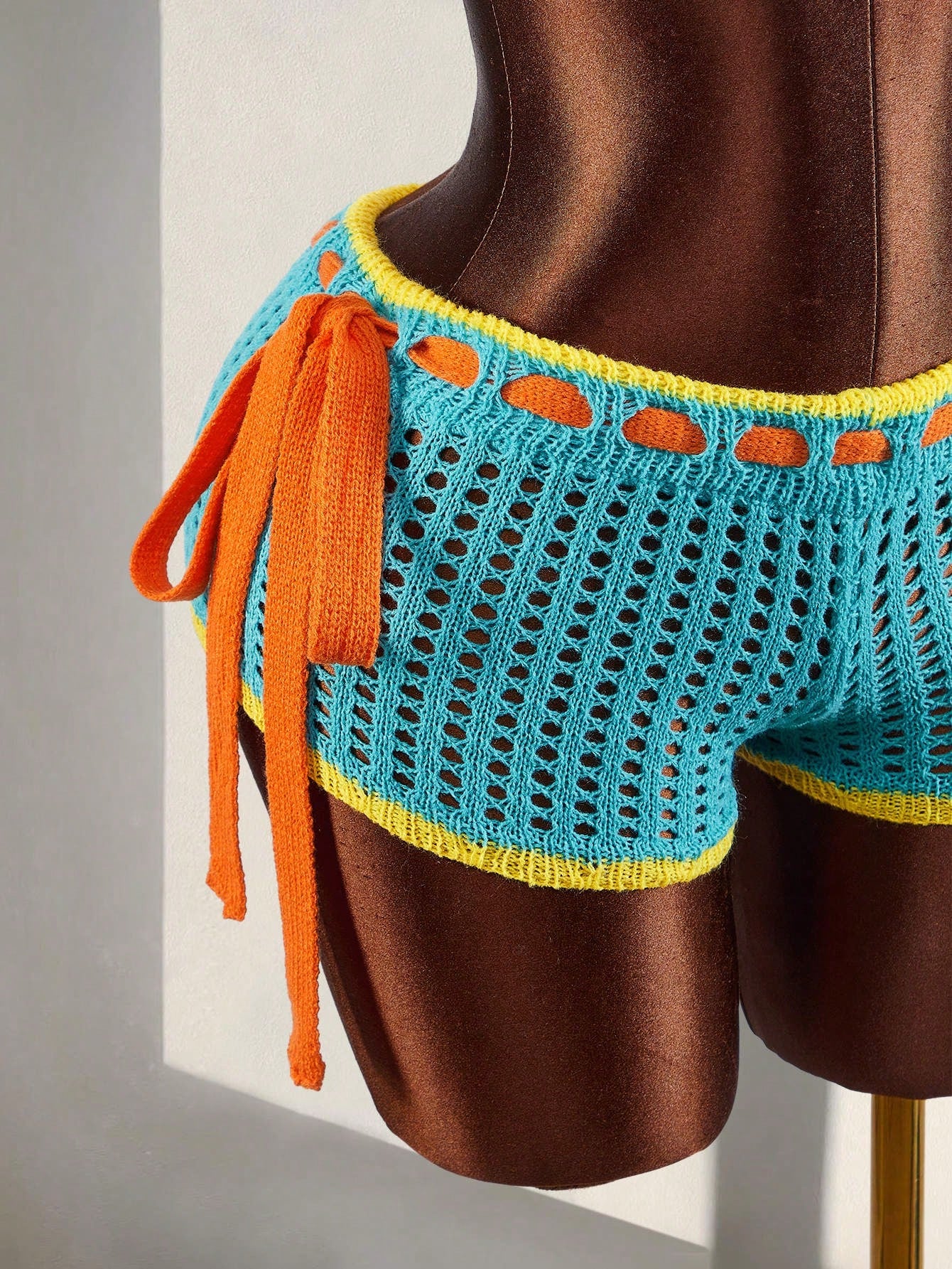 Amplova Women's Burnt Orange Summer Boho Holiday Vacation Crochet Shorts,Contrast Trim Tie Waist Hollow Out Knitted Bikini Swimsuit Bottom For Festival Party