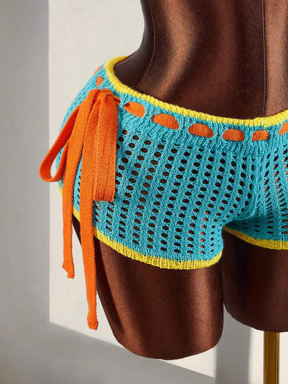 Amplova Women's Burnt Orange Summer Boho Holiday Vacation Crochet Shorts,Contrast Trim Tie Waist Hollow Out Knitted Bikini Swimsuit Bottom For Festival Party