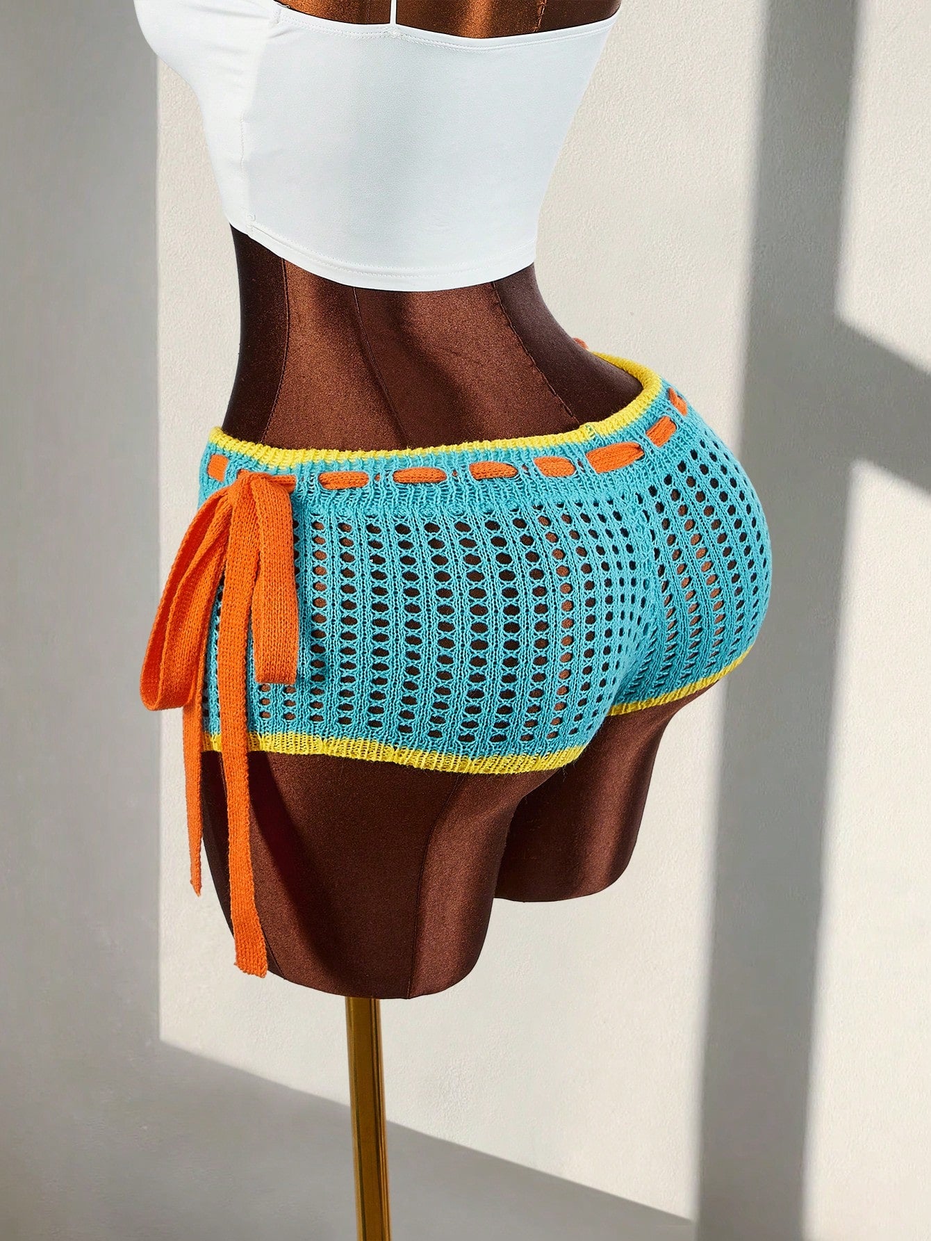 Amplova Women's Burnt Orange Summer Boho Holiday Vacation Crochet Shorts,Contrast Trim Tie Waist Hollow Out Knitted Bikini Swimsuit Bottom For Festival Party
