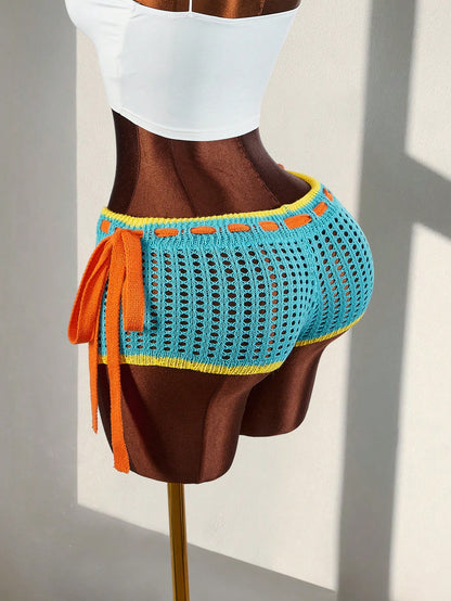 Amplova Women's Burnt Orange Summer Boho Holiday Vacation Crochet Shorts,Contrast Trim Tie Waist Hollow Out Knitted Bikini Swimsuit Bottom For Festival Party