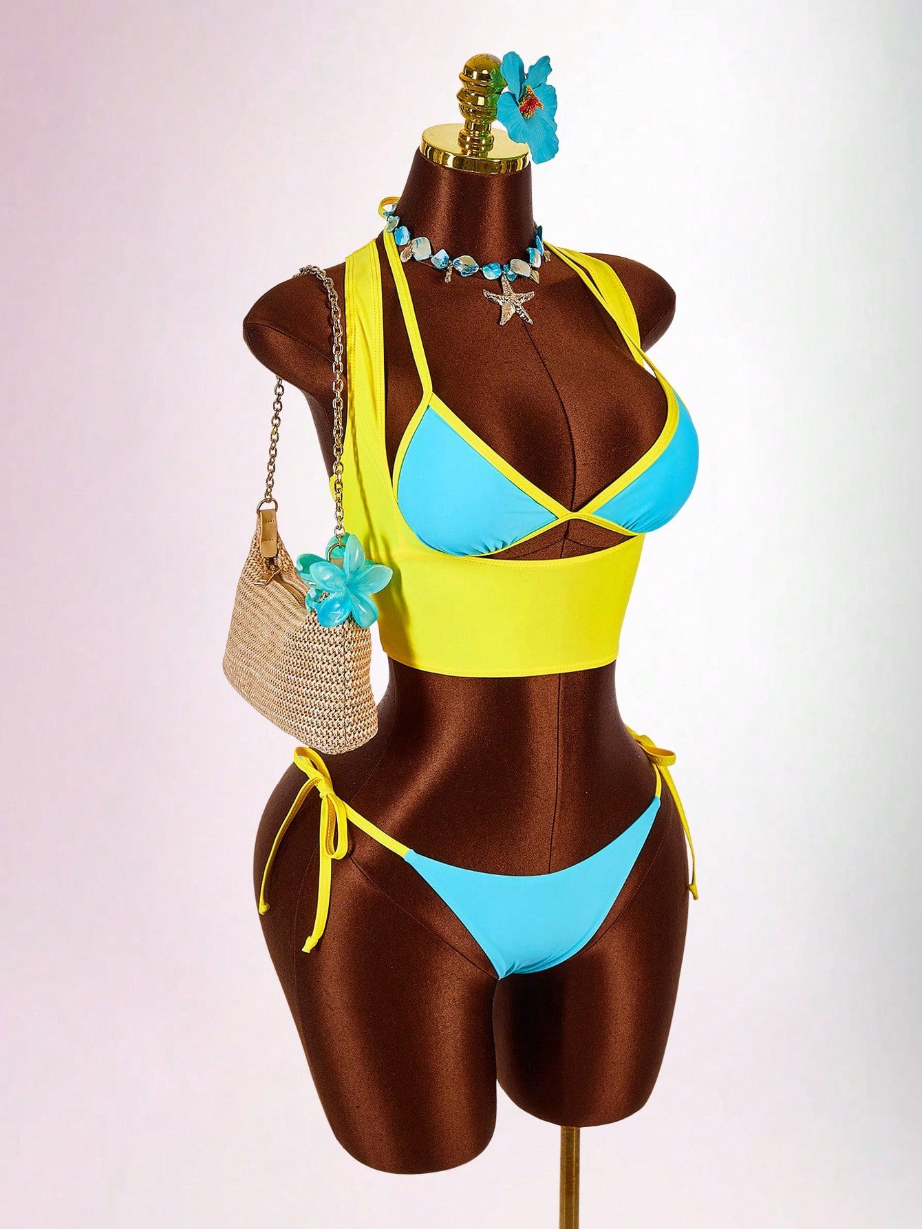 Amplova Women's Contrast Trim 3 Pieces Set Sexy Avant-Garde Vacation Outfit U-Neck Cutout Tie Top And Bottom
