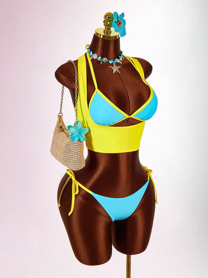 Amplova Women's Contrast Trim 3 Pieces Set Sexy Avant-Garde Vacation Outfit U-Neck Cutout Tie Top And Bottom