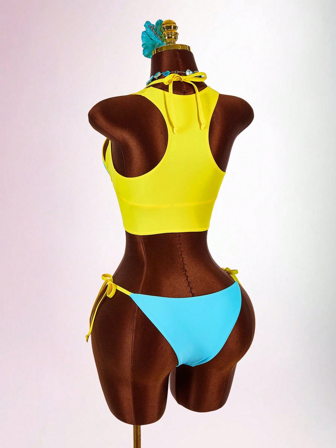 Amplova Women's Contrast Trim 3 Pieces Set Sexy Avant-Garde Vacation Outfit U-Neck Cutout Tie Top And Bottom
