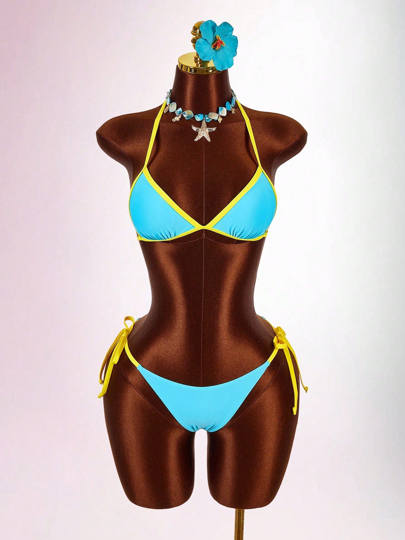 Amplova Women's Contrast Trim 3 Pieces Set Sexy Avant-Garde Vacation Outfit U-Neck Cutout Tie Top And Bottom