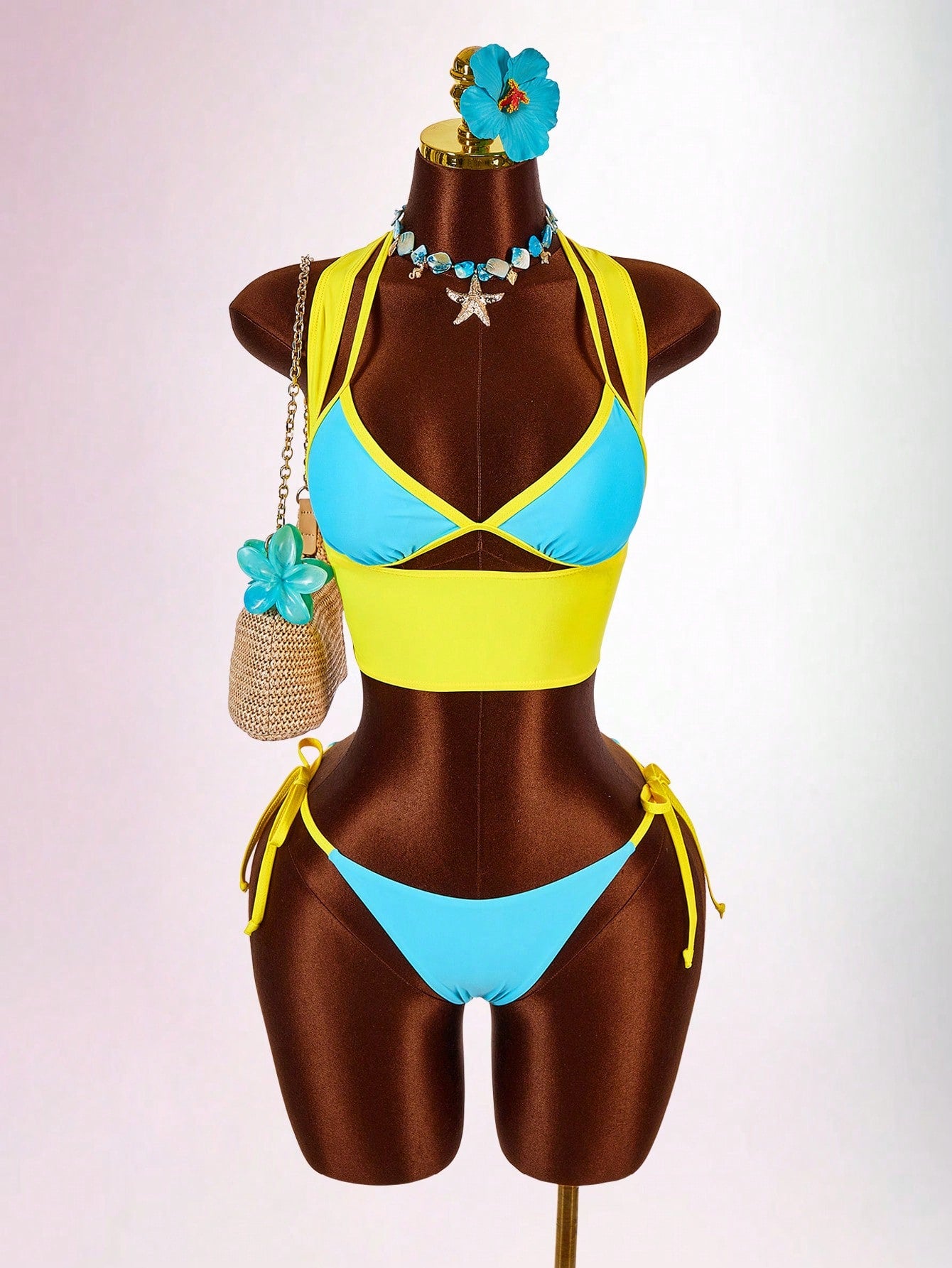 Amplova Women's Contrast Trim 3 Pieces Set Sexy Avant-Garde Vacation Outfit U-Neck Cutout Tie Top And Bottom