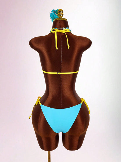Amplova Women's Contrast Trim 3 Pieces Set Sexy Avant-Garde Vacation Outfit U-Neck Cutout Tie Top And Bottom