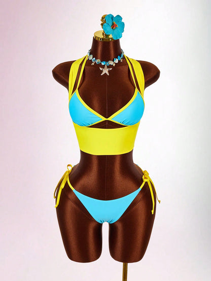 Amplova Women's Contrast Trim 3 Pieces Set Sexy Avant-Garde Vacation Outfit U-Neck Cutout Tie Top And Bottom