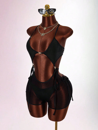 Amplova Women's Halter One-Piece Swimwear, Sexy & Avant-Garde, Suitable For Vacation, Sheer Hem Y2K Country Concert Outfit Formal Sports Vacation Casual Elegant Summer Winter Festival Independence Day