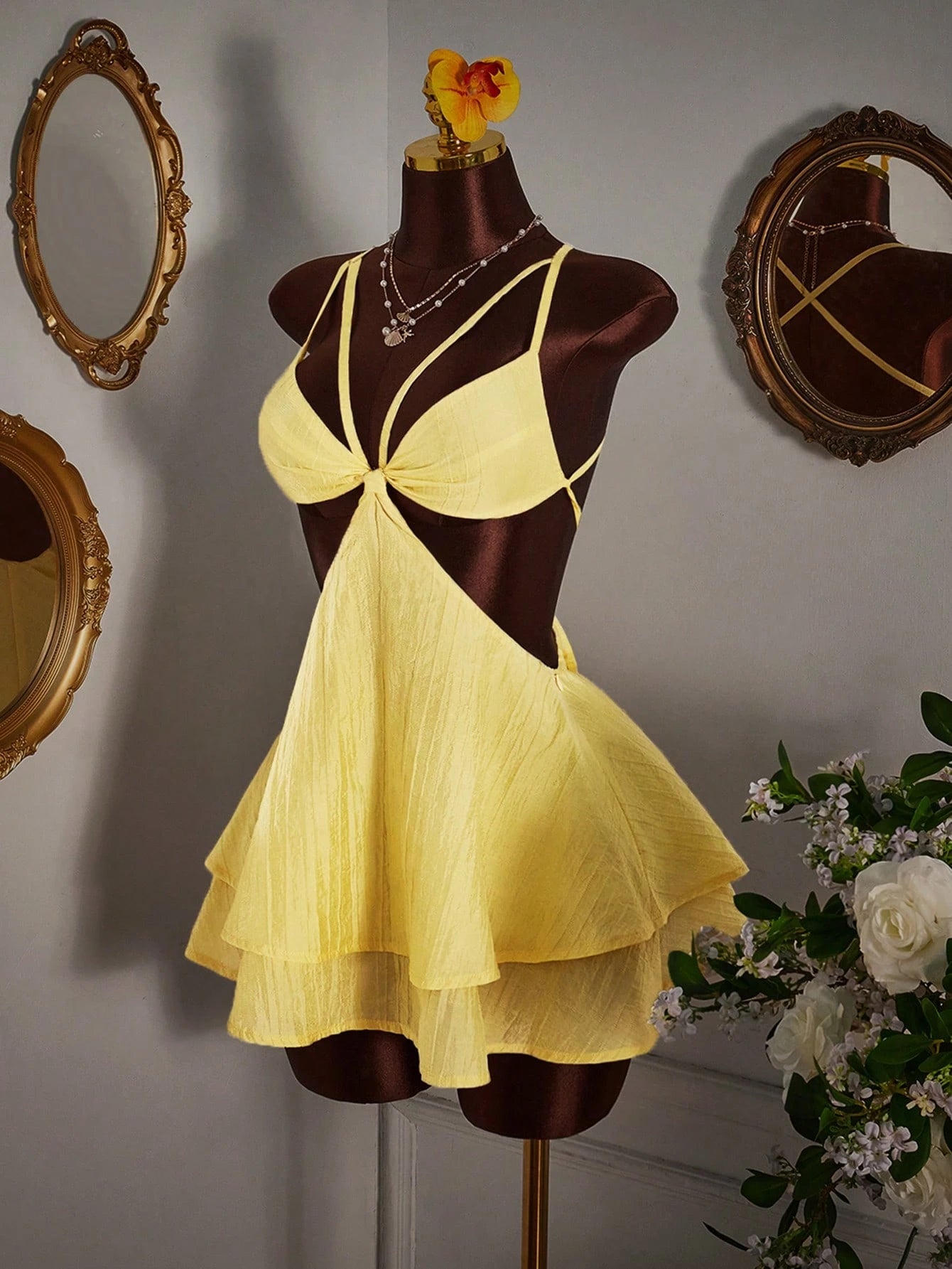 Amplova Women's Light Yellow Summer 70's Night Out Club Party Disco Camisole Mini Dress Minimalist Sexy Criss-Cross Backless Multi-Layer Hem Boho Vacation