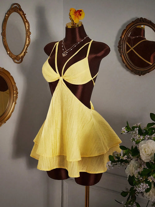 Amplova Women's Light Yellow Summer 70's Night Out Club Party Disco Camisole Mini Dress Minimalist Sexy Criss-Cross Backless Multi-Layer Hem Boho Vacation