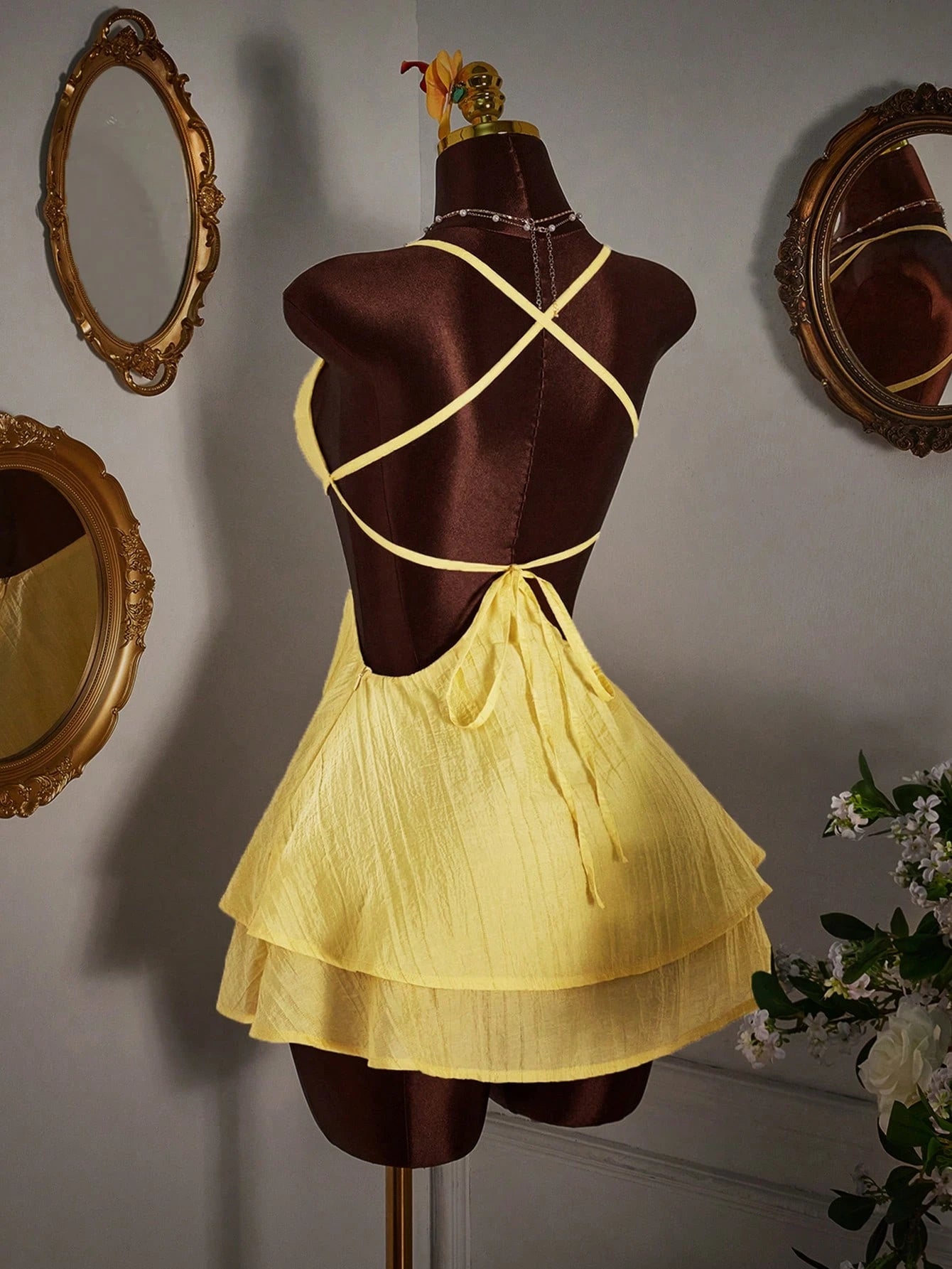 Amplova Women's Light Yellow Summer 70's Night Out Club Party Disco Camisole Mini Dress Minimalist Sexy Criss-Cross Backless Multi-Layer Hem Boho Vacation