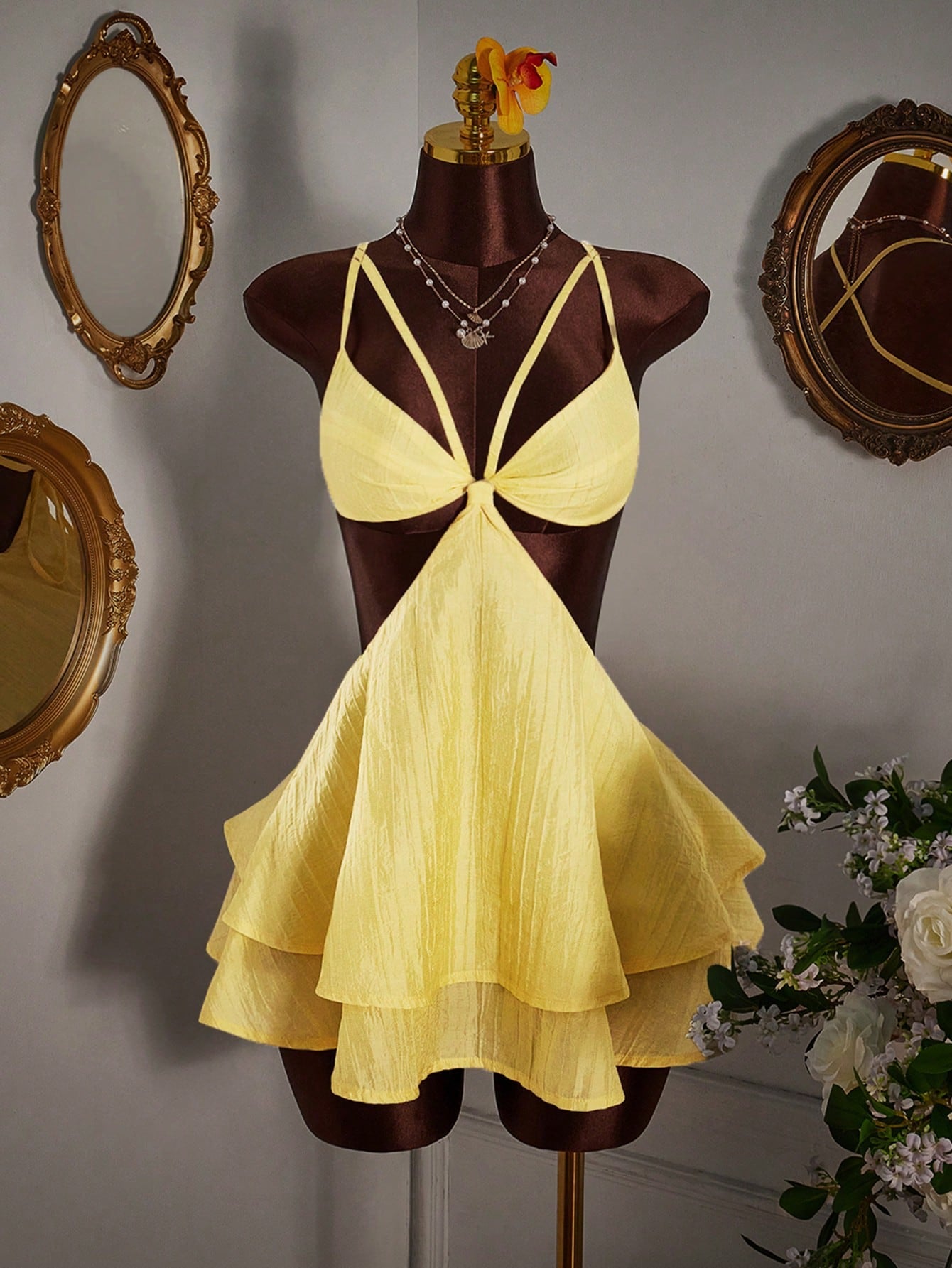 Amplova Women's Light Yellow Summer 70's Night Out Club Party Disco Camisole Mini Dress Minimalist Sexy Criss-Cross Backless Multi-Layer Hem Boho Vacation