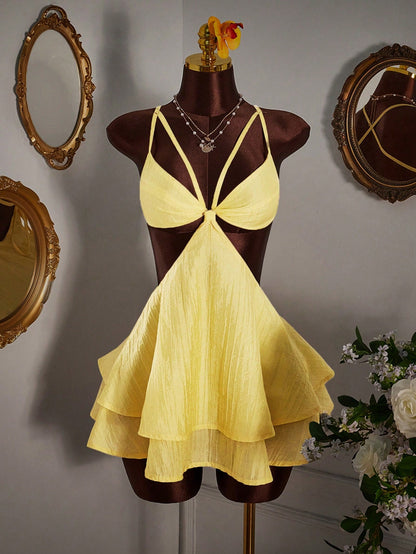 Amplova Women's Light Yellow Summer 70's Night Out Club Party Disco Camisole Mini Dress Minimalist Sexy Criss-Cross Backless Multi-Layer Hem Boho Vacation
