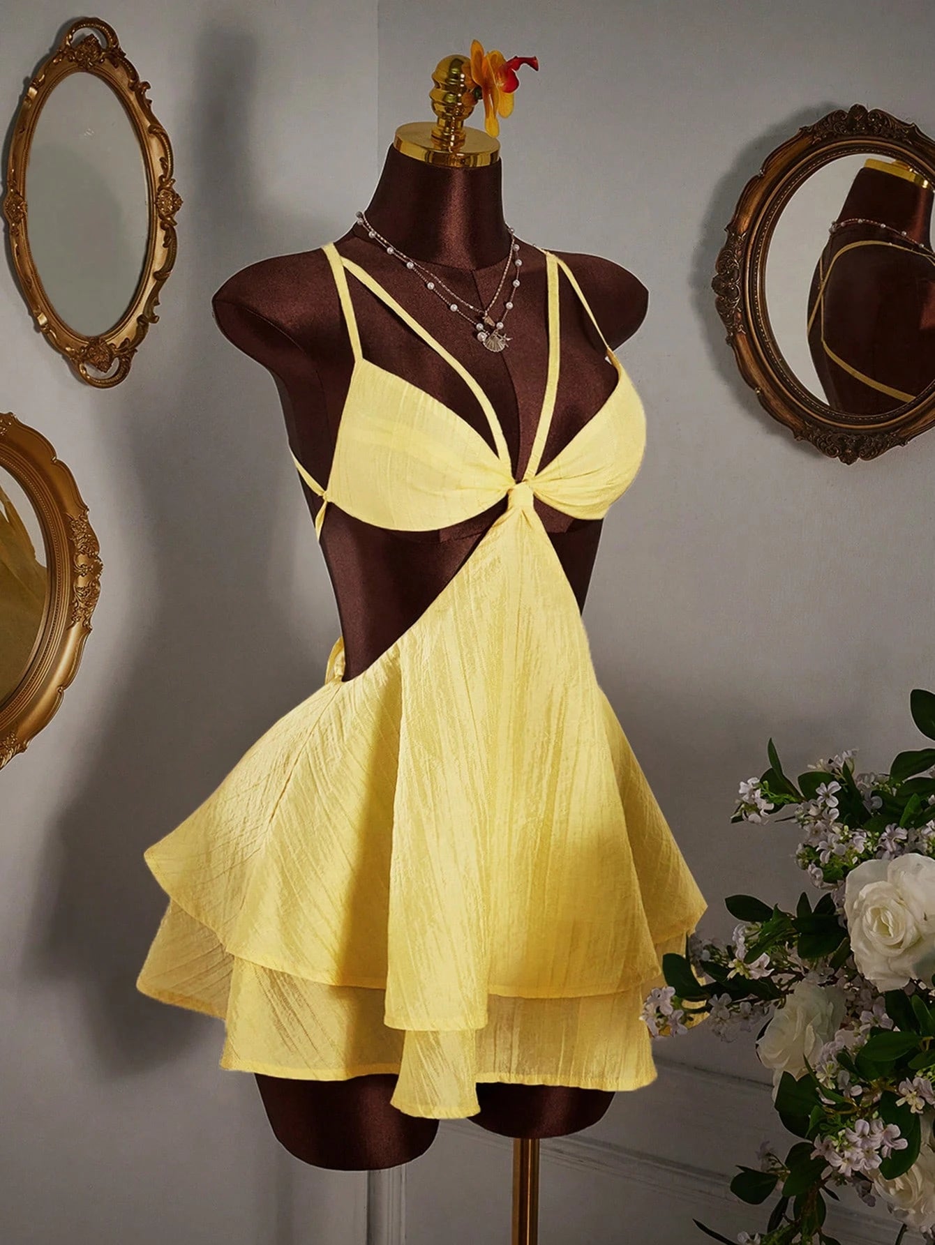 Amplova Women's Light Yellow Summer 70's Night Out Club Party Disco Camisole Mini Dress Minimalist Sexy Criss-Cross Backless Multi-Layer Hem Boho Vacation