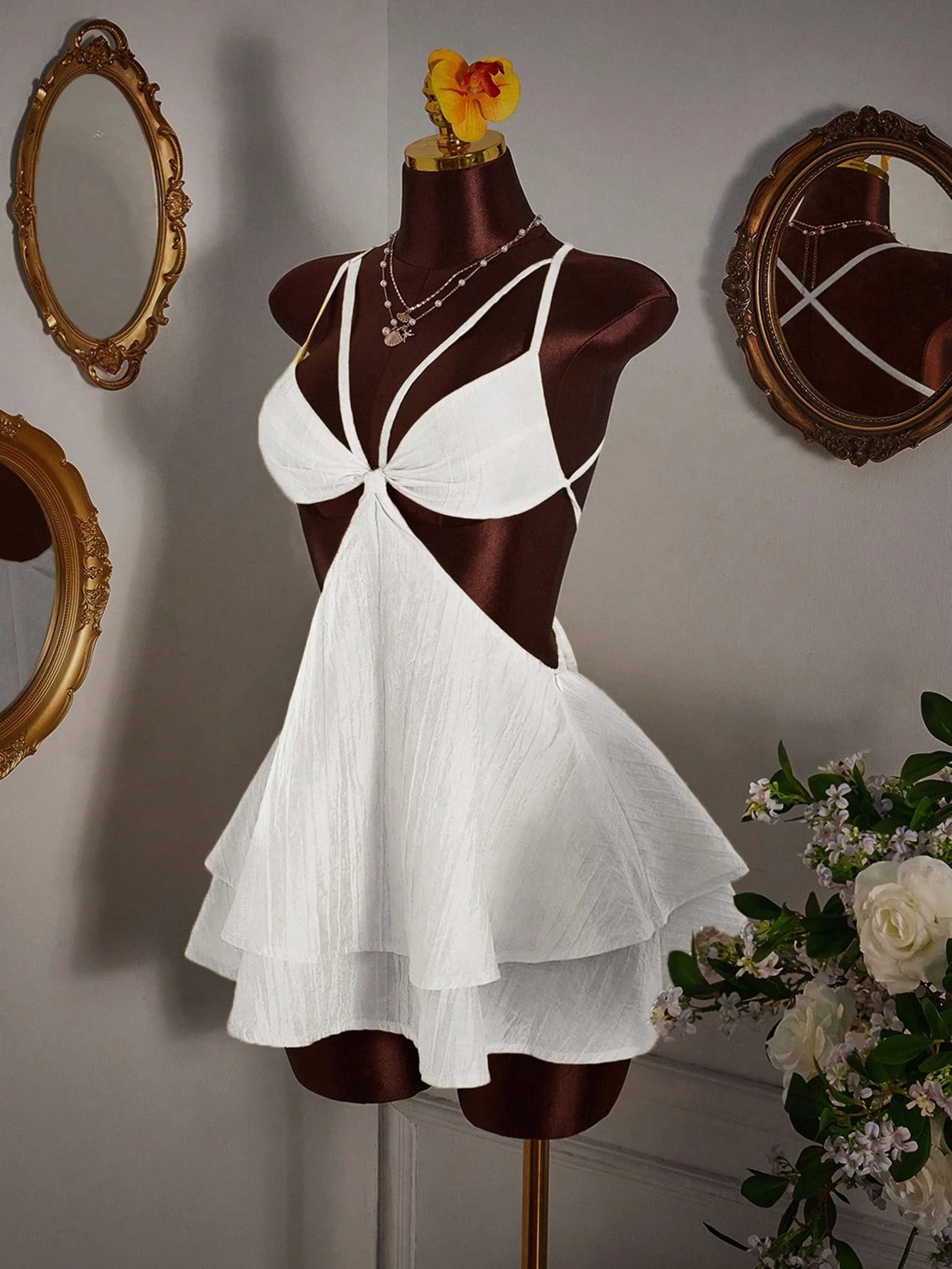 Amplova Women's Light Yellow Summer 70's Night Out Club Party Disco Camisole Mini Dress Minimalist Sexy Criss-Cross Backless Multi-Layer Hem Boho Vacation