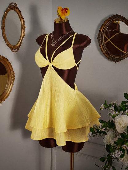 Amplova Women's Light Yellow Summer 70's Night Out Club Party Disco Camisole Mini Dress Minimalist Sexy Criss-Cross Backless Multi-Layer Hem Boho Vacation