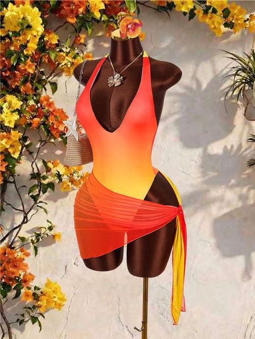 Amplova Women's Ombre Bodysuit Two Pieces Set, & Avant-Garde, Suitable For Vacation Wear, Cute Mini Swimwear Beach One-Piece With Wrap Coverup