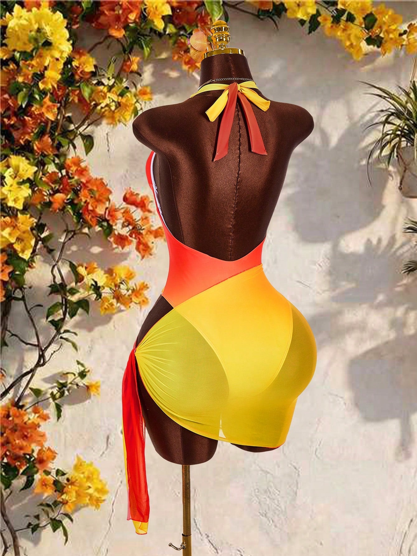 Amplova Women's Ombre Bodysuit Two Pieces Set, & Avant-Garde, Suitable For Vacation Wear, Cute Mini Swimwear Beach One-Piece With Wrap Coverup