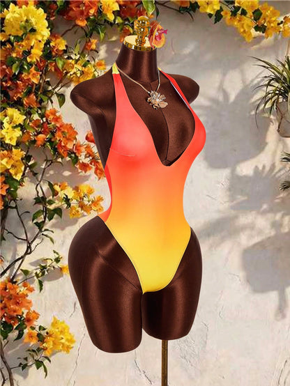 Amplova Women's Ombre Bodysuit Two Pieces Set, & Avant-Garde, Suitable For Vacation Wear, Cute Mini Swimwear Beach One-Piece With Wrap Coverup