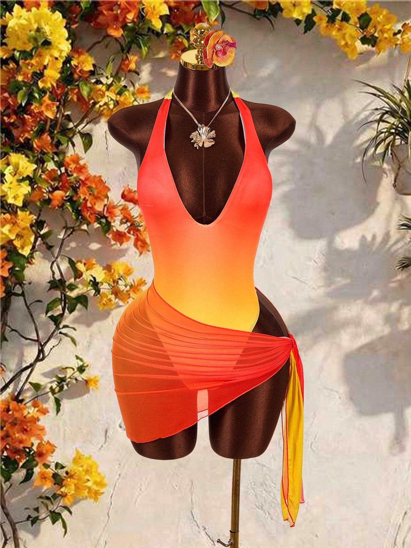 Amplova Women's Ombre Bodysuit Two Pieces Set, & Avant-Garde, Suitable For Vacation Wear, Cute Mini Swimwear Beach One-Piece With Wrap Coverup
