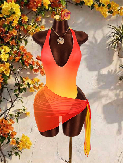 Amplova Women's Ombre Bodysuit Two Pieces Set, & Avant-Garde, Suitable For Vacation Wear, Cute Mini Swimwear Beach One-Piece With Wrap Coverup