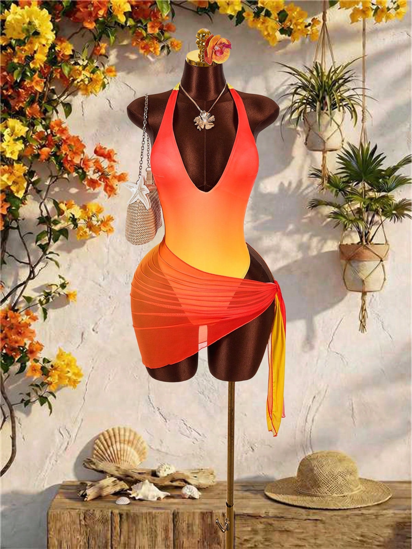 Amplova Women's Ombre Bodysuit Two Pieces Set, & Avant-Garde, Suitable For Vacation Wear, Cute Mini Swimwear Beach One-Piece With Wrap Coverup