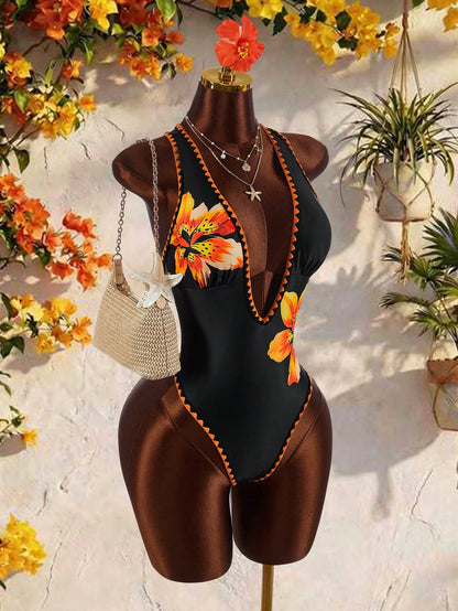 Amplova Women's One-Piece Swimsuit Black Summer Boho Tropical Beach Vacation Holiday Deep V-Neck Open Back Color Block Bodysuit High-End Outfit