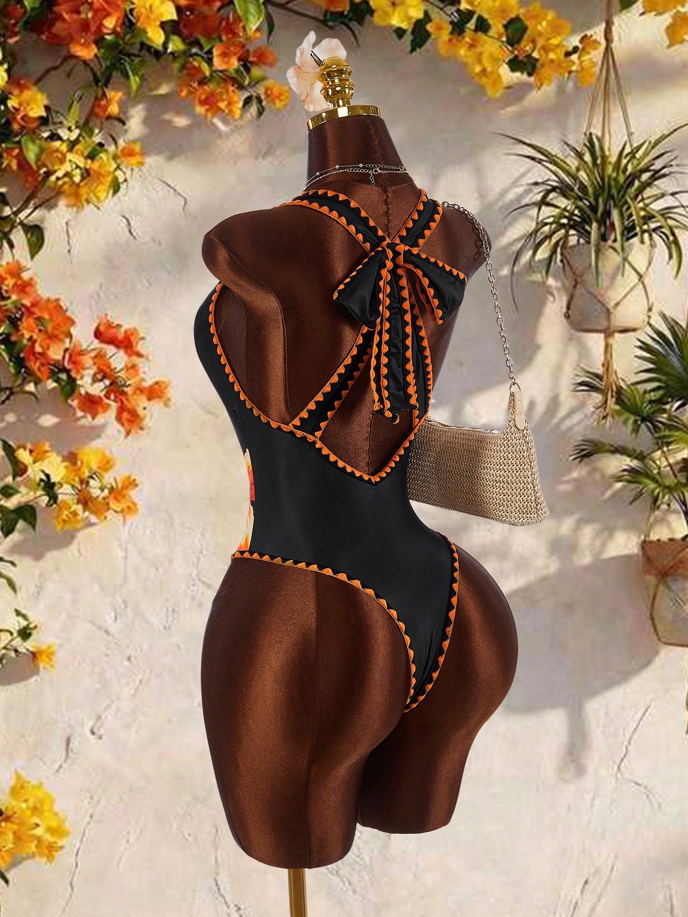 Amplova Women's One-Piece Swimsuit Black Summer Boho Tropical Beach Vacation Holiday Deep V-Neck Open Back Color Block Bodysuit High-End Outfit