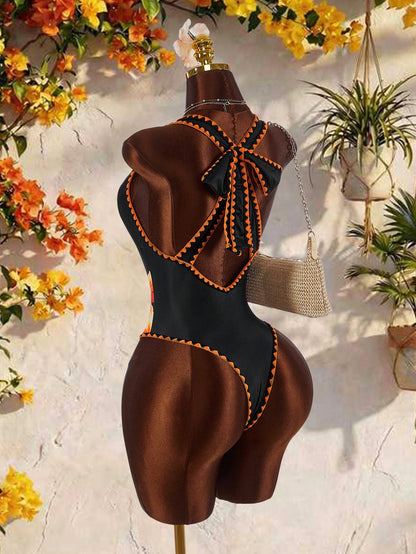 Amplova Women's One-Piece Swimsuit Black Summer Boho Tropical Beach Vacation Holiday Deep V-Neck Open Back Color Block Bodysuit High-End Outfit