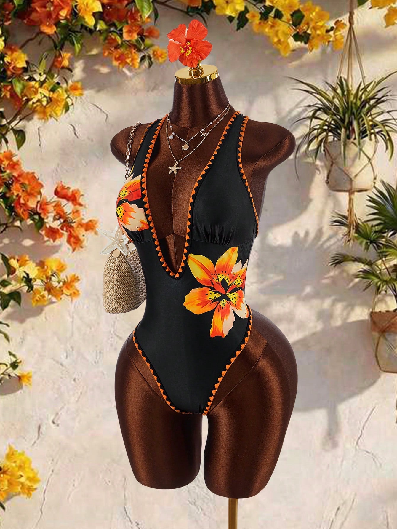 Amplova Women's One-Piece Swimsuit Black Summer Boho Tropical Beach Vacation Holiday Deep V-Neck Open Back Color Block Bodysuit High-End Outfit